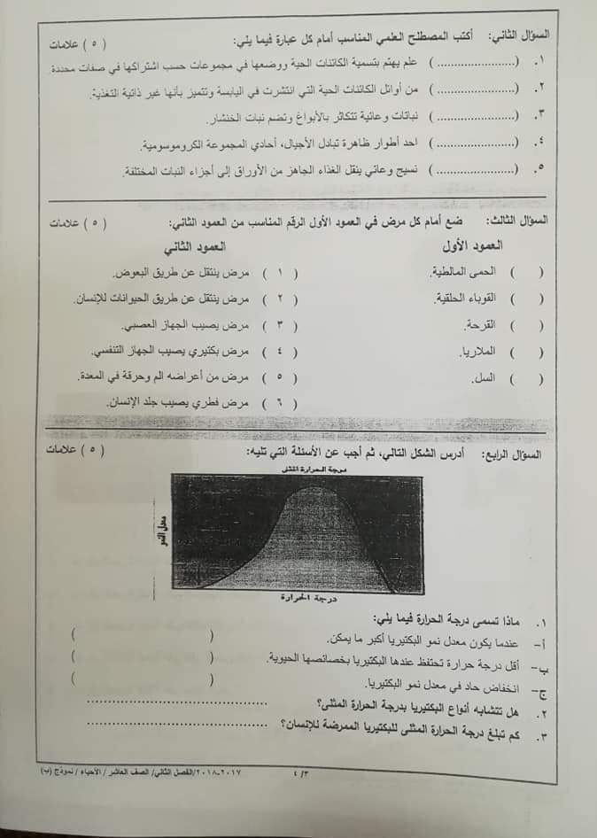 MTEwMzQyMQ44443 صور امتحان نهائي وكالة نموذج ب مادة الاحياء للصف العاشر الفصل الثاني 2018